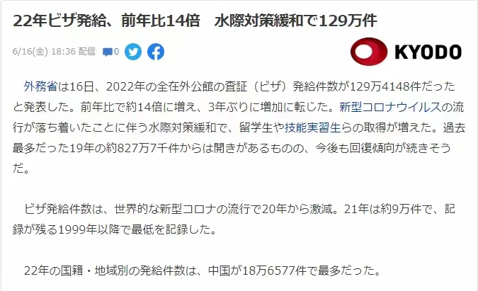 2022年，日本驻中国使领馆一共发签证18万6577件。